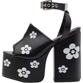 DETOGNI Women's Block High Heel Square Toe Ankle Strap Vegan Sandals Flower Printing Platform Sole Square Shaped Buckles Shoes