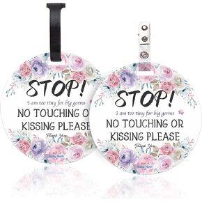 No Touching Newborn Baby Car Set Sign or Stroller Tag, Do Not Touch Baby Sign for Baby Girl Boy, Baby Preemie Gender Neutral No Touch Safety Sign with Hanging Straps and Clip (2 Pack Set)
