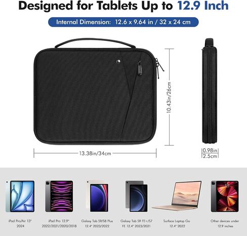 MoKo 12.9 Inch Tablet Sleeve Carrying Case with Handle, Padded Protective Travel Bag for 13 Inch New iPad Pro M4 & Air M2 2024, iPad Pro 12.9 M2&M1, Galaxy Tab S9/S8 Plus 12.4" 2023/2022, Black in Saudi Arabia