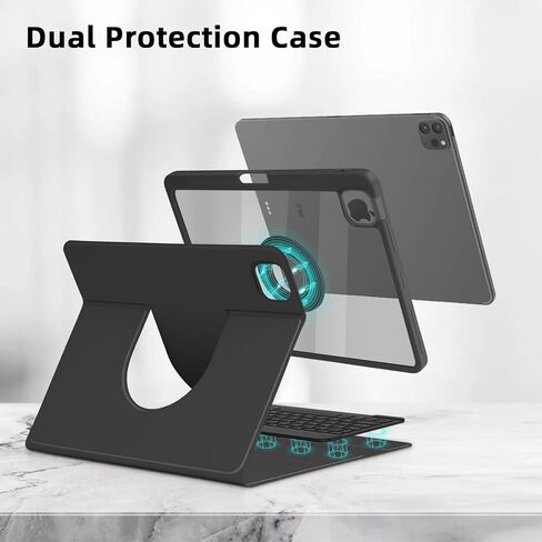حافظة GOOJODOQ لجهاز iPad Pro 11 بوصة مع لوحة مفاتيح (M4، 2024)، حافظة دوارة 360 درجة ولوحة مفاتيح مغناطيسية قابلة للفصل مع حامل أقلام، أوضاع عمودية/أفقية، نوم/تنبيه تلقائي لجهاز iPad Pro 2024 مقاس 11 بوصة - أسود in Kuwait