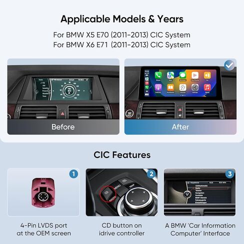 ستيريو سيارة 12.3 بوصة لسيارة BMW X5 E70 X6 E71 (2011-2013) نظام CIC، CarPlay اللاسلكي Android Auto Bluetooth IPS شاشة تعمل باللمس 1920 * 720 راديو المصنع in Kuwait