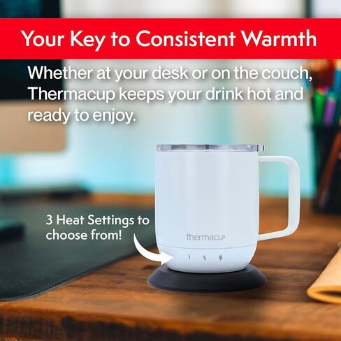 Thermacup Self-Heating Temperature Controlled Coffee Mug with Lid, Led Electric Smart Cup, 3 Custom Heat Settings, Auto/Off Feature, Keeps Liquids Warm, Sip Smarter (Midnight Black – 10 oz). in Saudi Arabia