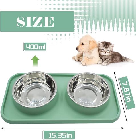 Double Dog Food Bowls Stainless Steel with No Spill Non Skid Silicone Mat Removable Dog Water and Food Bowls Set Durable Feeding Bowls for Small Dogs Puppy Cat Kitten(Green) in Saudi Arabia