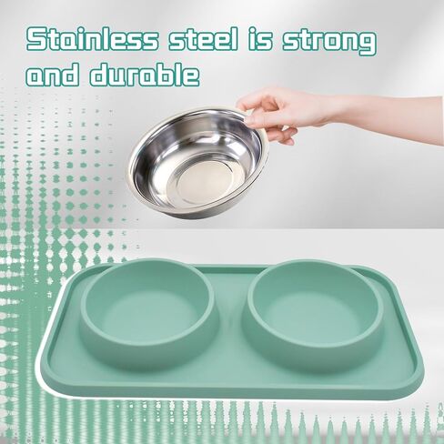 Double Dog Food Bowls Stainless Steel with No Spill Non Skid Silicone Mat Removable Dog Water and Food Bowls Set Durable Feeding Bowls for Small Dogs Puppy Cat Kitten(Green) in Saudi Arabia