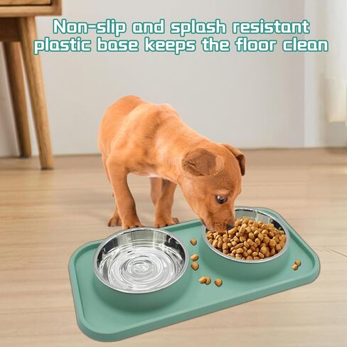 Double Dog Food Bowls Stainless Steel with No Spill Non Skid Silicone Mat Removable Dog Water and Food Bowls Set Durable Feeding Bowls for Small Dogs Puppy Cat Kitten(Green) in Saudi Arabia