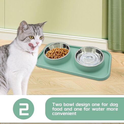 Double Dog Food Bowls Stainless Steel with No Spill Non Skid Silicone Mat Removable Dog Water and Food Bowls Set Durable Feeding Bowls for Small Dogs Puppy Cat Kitten(Green) in Saudi Arabia