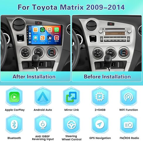 ستيريو سيارة 2+64 جيجابايت Android 13 لسيارة Toyota Matrix 2009-2014 مع Carplay Android Auto، شاشة لمس 9 بوصات راديو داش كيت GPS Navigation WiFi Bluetooth SWC Mic كاميرا احتياطية in Saudi Arabia