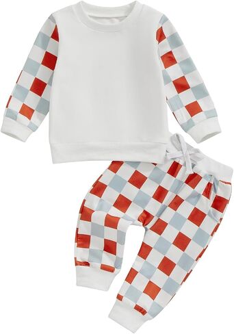 Fall Winter Baby Boy Clothes Toddler Sweatsuit Outfit Checkerboard Long Sleeve Shirt Sweatshirt Top and Pants Set in Saudi Arabia