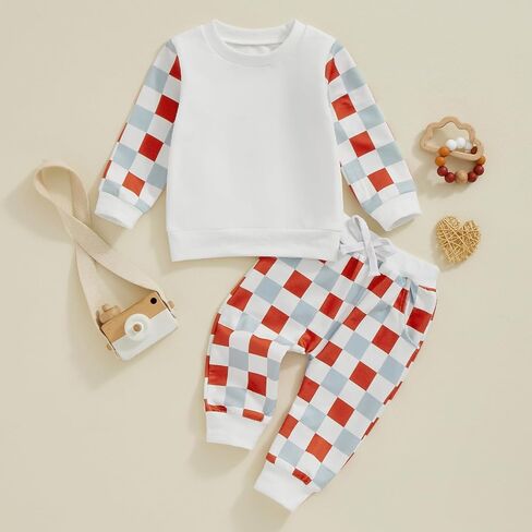 Fall Winter Baby Boy Clothes Toddler Sweatsuit Outfit Checkerboard Long Sleeve Shirt Sweatshirt Top and Pants Set in Saudi Arabia