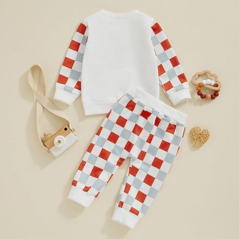 Fall Winter Baby Boy Clothes Toddler Sweatsuit Outfit Checkerboard Long Sleeve Shirt Sweatshirt Top and Pants Set in Saudi Arabia