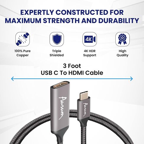USB C to HDMI Cable, 3 feet Black Braided 4K@60Hz USB Type C to HDMI Cable Cord to Connect Phone or Computer to TV, Thunderbolt 3 Compatible with Samsung Galaxy, MacBook Pro/Air, iPad in Saudi Arabia