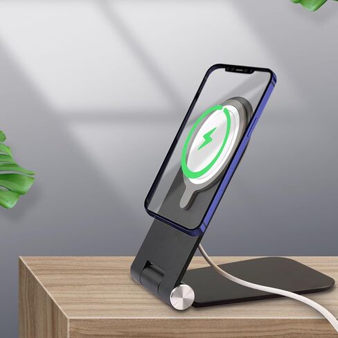 Foldable Phone Stand for Magsafe Charger, Adjustable Angle Aluminum Desk Phone Holder Mount Compatible with Magsafe Charger for iPhone 15 14 13 12 Pro Max (No Charger Included) Black in Saudi Arabia