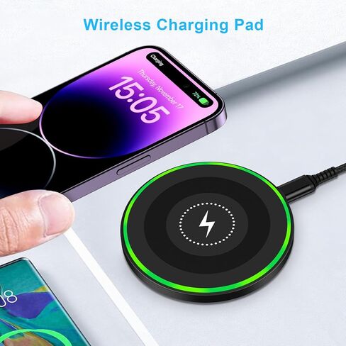 شاحن لاسلكي سريع Samsung Charging Pad Phone Charger Android Charging Station for Samsung Galaxy S24 Ultra S24+ S23 FE S22 S21 S20 S10، iPhone 15 Pro Max Plus 14 13 12 11، مع محول طاقة QC 3.0 in Kuwait