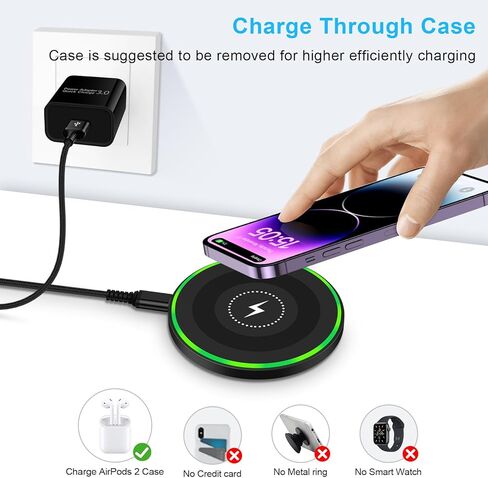 شاحن لاسلكي سريع Samsung Charging Pad Phone Charger Android Charging Station for Samsung Galaxy S24 Ultra S24+ S23 FE S22 S21 S20 S10، iPhone 15 Pro Max Plus 14 13 12 11، مع محول طاقة QC 3.0 in Kuwait