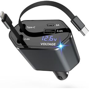 Retractable Car Charger, 4 in 1 Fast Car Phone 127W, Retractable Cables (31.5 in) and 2 USB Ports with Type C and Car Charger Adapter for iPhone 15/14/13/12/11 Pro Max,iPad,Galaxy,Pixel,Car