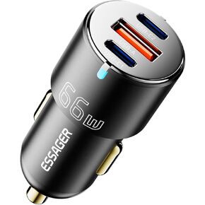 Essager 66W PD/PPS/QC3.0 Fast Charging Car Charger, Dual USB-C & USB-A Quick Charge Universal Car Cigarette Lighter Plug, Aluminium Car Power Adapter for iPhone 15/14/13/12Pro Max, Samsung Galaxy