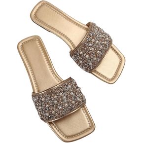 GORGLITTER Women's Sparkly Pearl Flat Sandals Rhinestone Open Toe Vacation Slide Sandals