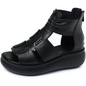Women's Genuine Leather Fish Mouth Thick Bottom High Top Roman Sandals with Rear Zipper Summer Open Toe Hollow Breathable Soft Bottom Waterproof Platform Foot Gladiator Sandals
