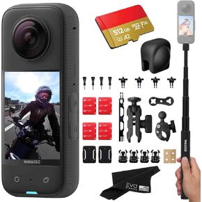 Insta360 X3 - Waterproof 360 Action Camera with 1/2" 48MP Sensors, 5.7K 360 HDR Video, 72MP 360 Photo, 4K Single-Lens, 2.29" Touchscreen|Includes Motorcycle Bundle, Selfie Stick, Lens Cap&512GB