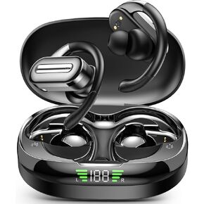 Bluetooth Headphones Wireless Earbuds 56hrs Playtime Wireless Charging Case Digital Display Sports Ear buds with Earhook Premium Deep Bass IPX5 Waterproof Over-Ear Earphones for TV Phone Laptop Black