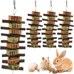 MUYG 4 PCS Rabbit Chew Toys for Teeth Grinding, Delicious Bunny Cage Hanging Chew Toys, Natural Sweet Bamboo Chew Sticks and Timothy Grass Cake Hay Treats Maintaining Healthy Teeth for Rabbits
