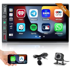 Double Din Car Radio Stereo with Wireless Carplay Android Auto, 7 Inch HD Touch Screen Bluetooth5.0 FM/AM/RDS EQ Mirror Link SWC Head Unit USB&Type-C Port Backup Camera MIC