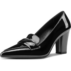 HDEUOLM Womens Block Heel Loafer Pumps Pointed Toe Pumps Slip-on Casual Dress Patent Leather 3.2 Inches Heels