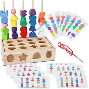 3 in 1 Montessori Wooden Beads Sequencing Toy Set & Lacing Beads, Matching Shape Stacker, & Stacking Blocks with Box for 3 4 5 6 Year Old Toddler, STEM Preschool Learning Gift for Kids Boy/Girl