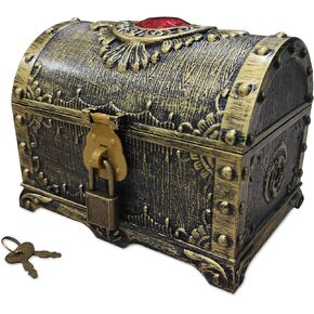 Kids Pirate Treasure Chest Storage Box,Red Rhinestone Inlaid Top Decorative Pirate Chest with Lock and Key for Kids Birthday,Halloween, Christmas Pirate Party Favors