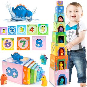 Wooden Dinosaur Nesting and Stacking Block Toys, Wooden Number Nesting Boxes and Dinosaur Toys, Birthday Gift for 12 18 24 Month 1 2 3 Year Old Boys Girls