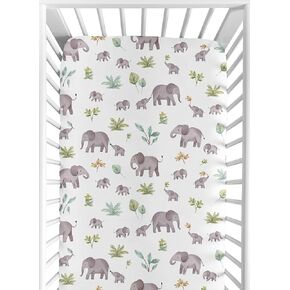 Sweet Jojo Designs Watercolor Elephants Boy Girl Gender Neutral Baby Fitted Crib Sheet Infant Newborn Nursery Toddler Bed Room Standard Mattress Green Grey Jungle Safari Palm Tree Leaf Tropical Nature