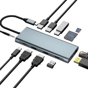 USB C Docking Station Dual Monitor, Laptop Triple Display 12 in 1 Type C Hub Multiport Adapter with 2 HDMI+DP+Ethernet+PD+2 USB3.1+2 USB2.0+SD/TF+Audio for Dell/HP/Lenovo/Surface Laptop