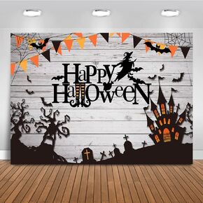 Mocsicka Happy Halloween Backdrop Spider Web Witch and Flying Bats Photography Background Wooden Floor Halloween Party Cake Table Decoration Banner Photo Booth Props (7x5ft)