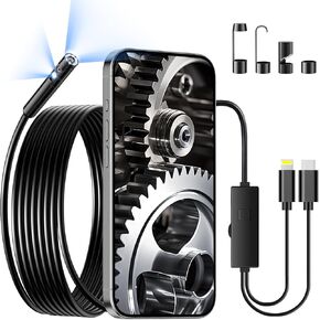 Dual-Lens Endoscope Camera with Light, 1920P Borescope Inspection Camera with 8 Adjustable LED Lights, Semi-Rigid Snake Cable 16.5FT, Two Interface for iPhone, Type C Devices,Cool Gadgets for Men