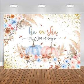 Mocsicka Pumpkin Gender Reveal Backdrop Autumn Fall Pumpkin He or She Gender Reveal Party Decorations Boy or Girl Gender Reveal Party Backdrops(Blue/Pink, 7x5ft(82''x60''))