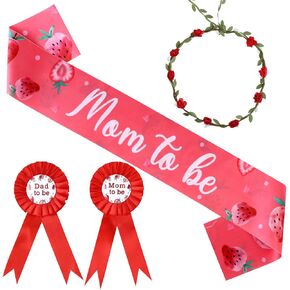 Serencatcher Strawberry Baby Shower Decorations Girl, Berry Sweet Mom to Be Maternity Sash Mom Dad to Be Button Pin Flower Crown Headband for a Berry Sweet Baby Is on the Way Baby Shower Decorations