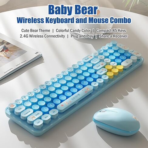 مجموعة لوحة مفاتيح وماوس لاسلكية صغيرة الحجم من Cute Baby Bear، 85 مفتاحًا دائريًا ملونًا مع مفاتيح رقمية، لاسلكي 2.4G، هدية للفتيات والأطفال، متوافقة مع الكمبيوتر المحمول والكمبيوتر الشخصي (شاي الحليب) in Kuwait