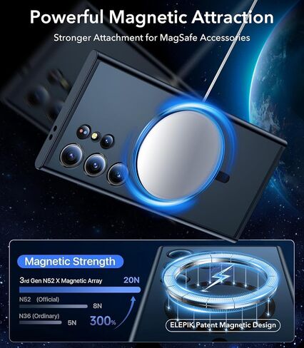 حافظة ELEPIK مغناطيسية أقوى لهاتف Samsung Galaxy S24 Ultra، [تم اختبار السقوط من الدرجة العسكرية بطول 10 أقدام] [متوافقة مع MagSafe] حافظة رفيعة واقية من السيليكون غير اللامع S24 Ultra، ظهر شفاف، أسود. in Saudi Arabia