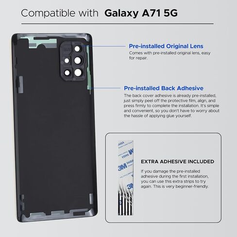 متوافق مع استبدال الغطاء الخلفي لهاتف Galaxy A71 5G، باب الغطاء الخلفي لهاتف A71 5G SM-A716 مع ملصق إطار مثبت مسبقًا (ليس لإصدار 4G)، أدوات الإصلاح والتعليمات، مكعب بريزم أسود in Saudi Arabia