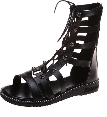 AngryMonkey Women Lace Up Gladiator Sandals Dressy Sandals,Summer Casual Peep Toe Strappy Studded Sandals Flat Sandals Trendy Sandals Roman Sandals in Kuwait