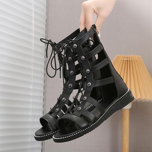 AngryMonkey Women Lace Up Gladiator Sandals Dressy Sandals,Summer Casual Peep Toe Strappy Studded Sandals Flat Sandals Trendy Sandals Roman Sandals in Kuwait