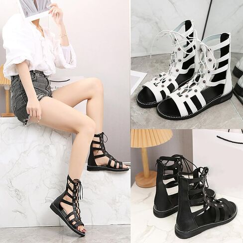 AngryMonkey Women Lace Up Gladiator Sandals Dressy Sandals,Summer Casual Peep Toe Strappy Studded Sandals Flat Sandals Trendy Sandals Roman Sandals in Kuwait
