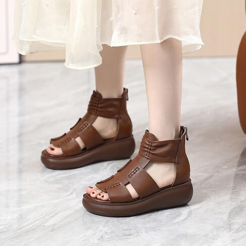 Women's Genuine Leather Fish Mouth Thick Bottom High Top Roman Sandals with Rear Zipper Summer Open Toe Hollow Breathable Soft Bottom Waterproof Platform Foot Gladiator Sandals in Saudi Arabia