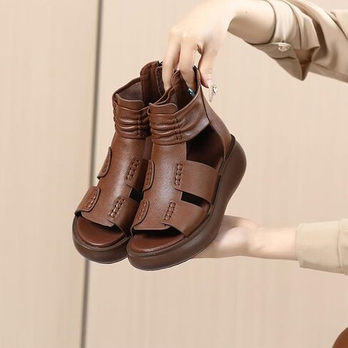 Women's Genuine Leather Fish Mouth Thick Bottom High Top Roman Sandals with Rear Zipper Summer Open Toe Hollow Breathable Soft Bottom Waterproof Platform Foot Gladiator Sandals in Saudi Arabia