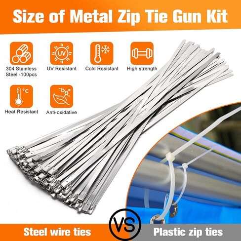 Metal Zip Ties Tool- Metal Tie Wrap Gun Kit, Cable Tie Gun Tool Sets, Duty Outdoor Adjustable Fastening Cutting Tie Tool Sets with 100pcs Self-Locking Metal Steel Zip Ties Suitable For Outdoor Fixing in Saudi Arabia