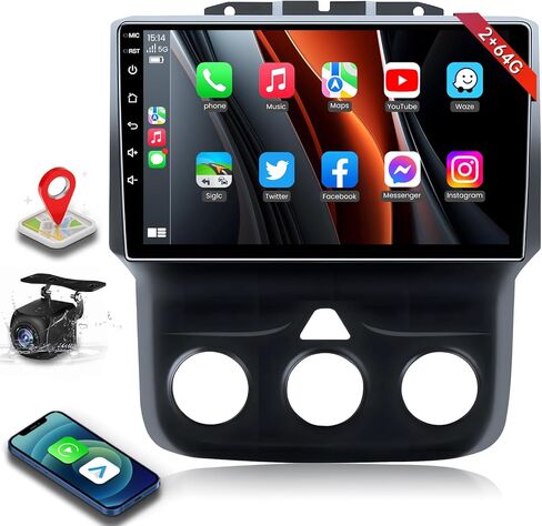 ستيريو راديو السيارة لدودج رام 1500 2500 3500 2013-2018 مع CarPlay اللاسلكي وAndroid Auto 2+64G استبدال الراديو 9 بوصة HD تعمل باللمس بلوتوث FM GPS (تناسب فقط التيار المتردد اليدوي) in Kuwait