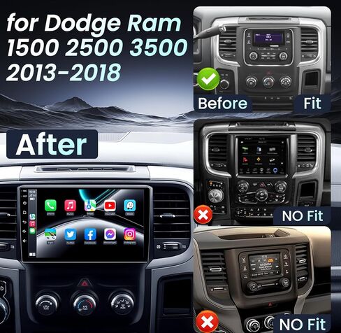 ستيريو راديو السيارة لدودج رام 1500 2500 3500 2013-2018 مع CarPlay اللاسلكي وAndroid Auto 2+64G استبدال الراديو 9 بوصة HD تعمل باللمس بلوتوث FM GPS (تناسب فقط التيار المتردد اليدوي) in Kuwait