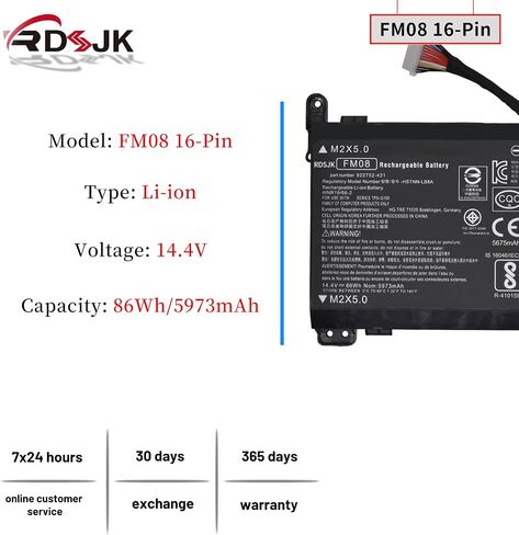 FM08 Laptop Battery for HP Omen 17-AN008CA 17-AN013TX 17-AN014TX 17-AN014NG 17-AN020CA 17-AN030CA 17-AN124CL HSTNN-LB8B 922752-421 922753-421 922976-855 922977-855 16-Pin Connector 14.4V 86Wh/5973mAh in Saudi Arabia