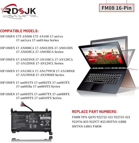 FM08 Laptop Battery for HP Omen 17-AN008CA 17-AN013TX 17-AN014TX 17-AN014NG 17-AN020CA 17-AN030CA 17-AN124CL HSTNN-LB8B 922752-421 922753-421 922976-855 922977-855 16-Pin Connector 14.4V 86Wh/5973mAh in Saudi Arabia