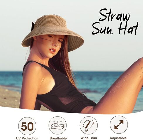 Beach Hat for Women, Wide Brim Sun Straw Hat for Women, Sun Hat Womens UPF 50+ UV Protection, Floppy Foldable Summer Hat in Kuwait